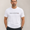 Man wearing white Follow Instructions minimal typewriter tee