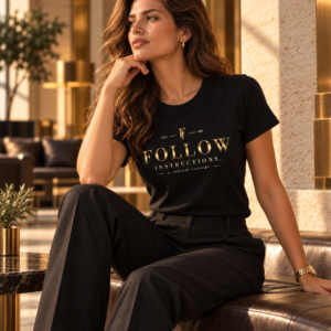Woman wearing Follow Instructions Gilded Gold Standard graphic tee