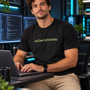 an wearing Follow Instructions Glitched men's tee while coding