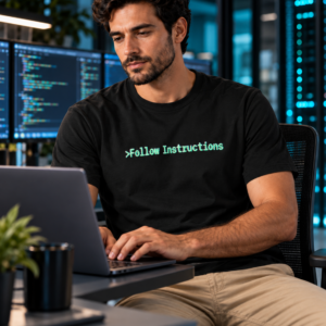 Man wearing Follow Instructions Glitched men's tee while working at a computer