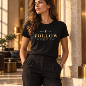 Woman wearing Follow Instructions Gilded black Gold Standard tee