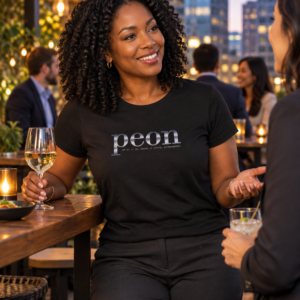 Woman styling Peon Titanium women's tee in evening setting